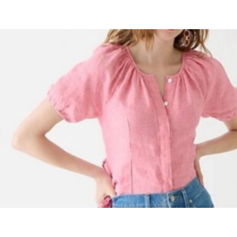 J.Crew V-back Linen Button Up Puff Sleeve Barbie Pink Top Size 6